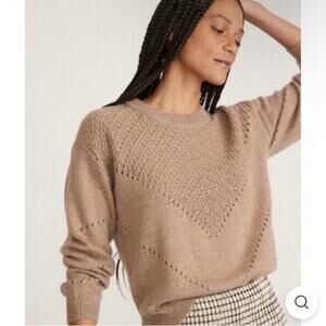 Marine Layer Sz XS Olivia Crewneck Pointelle Knit Sweater Boxy Fit Tan-Brown